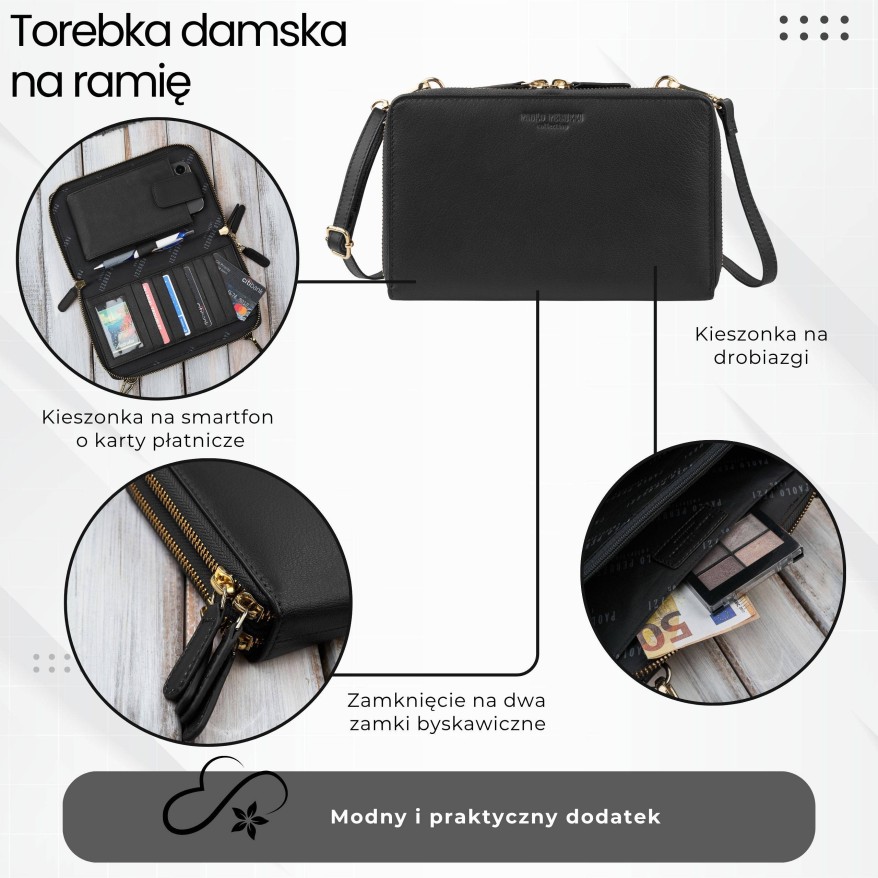 Damska mała skórzana kopertówka czarna ze złotymi okuciami KV-02-BLZ – elegancka torebka na ramię i do ręki