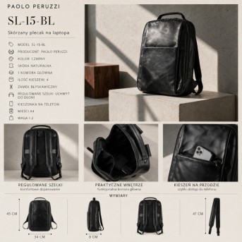 Plecak skórzany Paolo Peruzzi SL-15-BL czarny na laptopa 15,6″