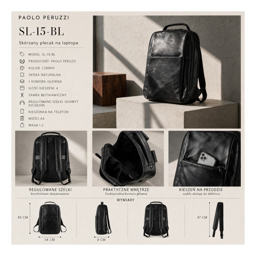 Plecak skórzany Paolo Peruzzi SL-15-BL czarny na laptopa 15,6″