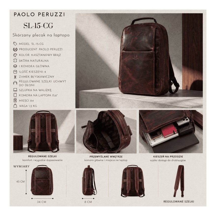 Plecak skórzany Paolo Peruzzi SL-15-CG na laptopa 15,6″