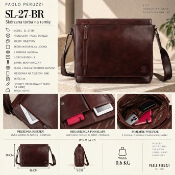 Torba męska skórzana na ramię brązowa Paolo Peruzzi SL-27-BR