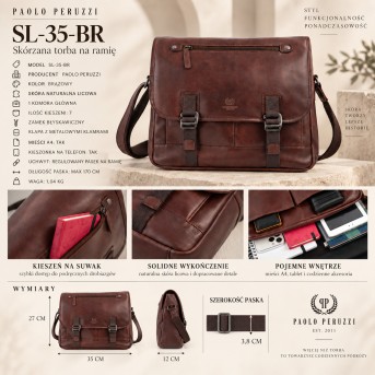 Torba Męska Skórzana Brązowa A4 do Pracy Paolo Peruzzi SL-35-BR