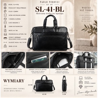 Czarna Torba Męska na Laptopa A4 Skórzana Paolo Peruzzi SL-41-BL