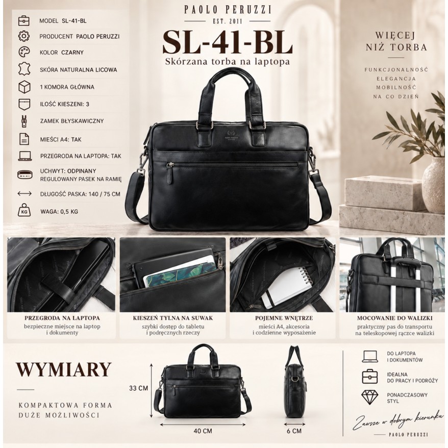 Czarna Torba Męska na Laptopa A4 Skórzana Paolo Peruzzi SL-41-BL