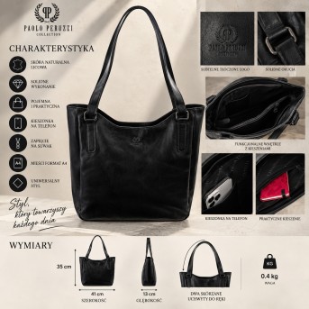 Skórzana Torebka Damska Shopper A4 Paolo Peruzzi SL-45-BL Czarna