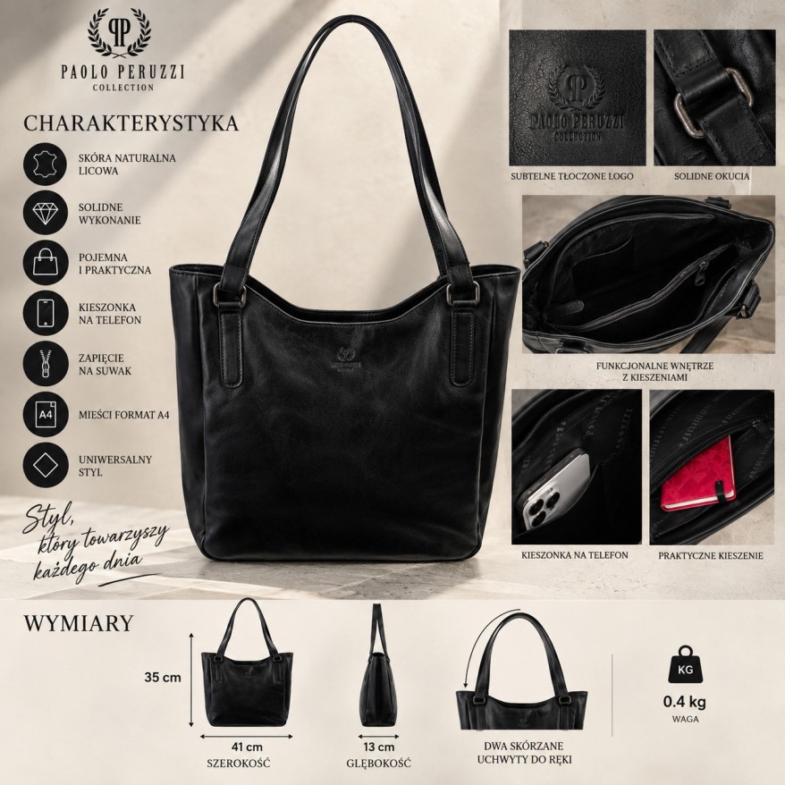 Skórzana Torebka Damska Shopper A4 Paolo Peruzzi SL-45-BL Czarna