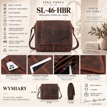 Brązowa Męska Torba Skórzana A4 Paolo Peruzzi SL-46-HBR Hunter Vintage