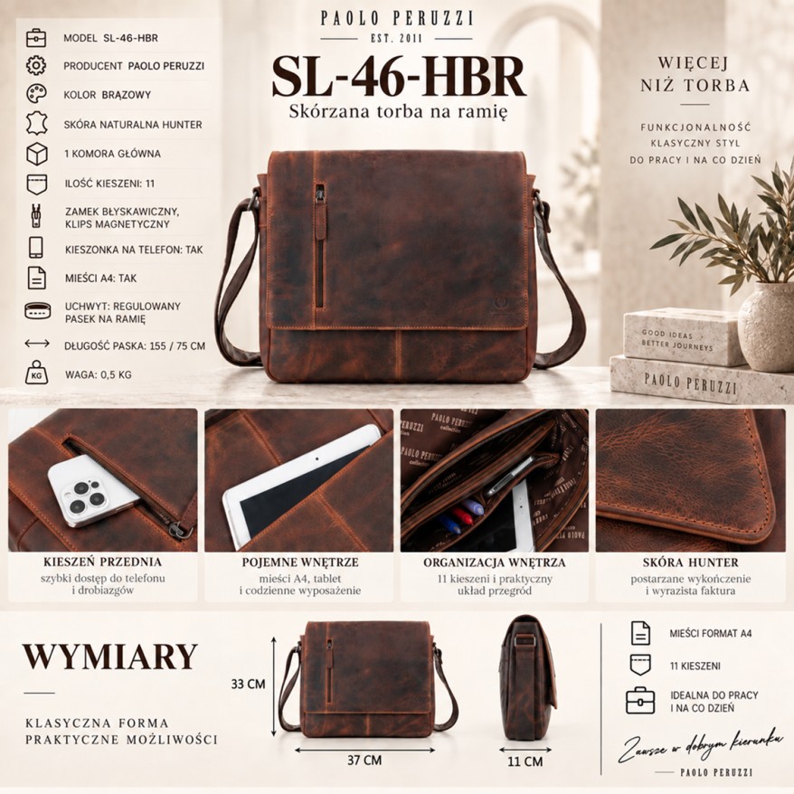 Brązowa Męska Torba Skórzana A4 Paolo Peruzzi SL-46-HBR Hunter Vintage