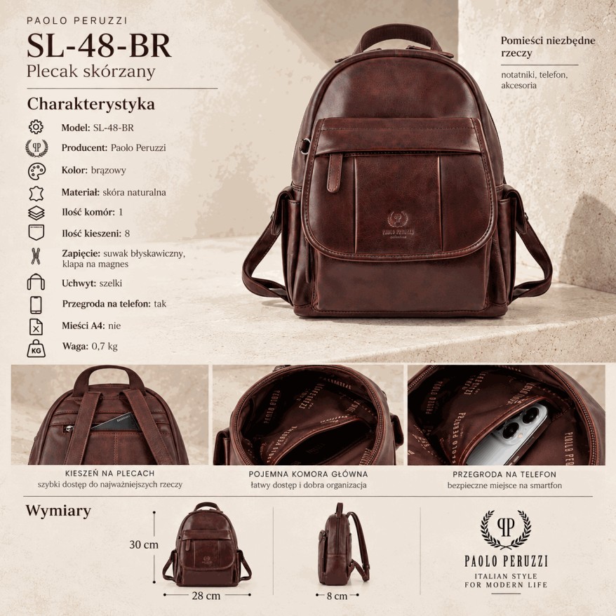 Brązowy plecak skórzany damski retro Paolo Peruzzi SL-48-BR
