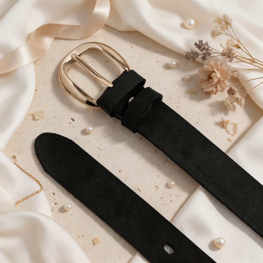 Czarny zamszowy pasek damski złota klamra PG-16-BL-110 | Paolo Peruzzi