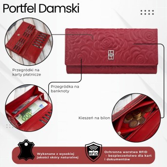 Portfel damski skórzany z tłoczeniem w kwiaty czerwony z RFID Paolo Peruzzi AL-12-RD