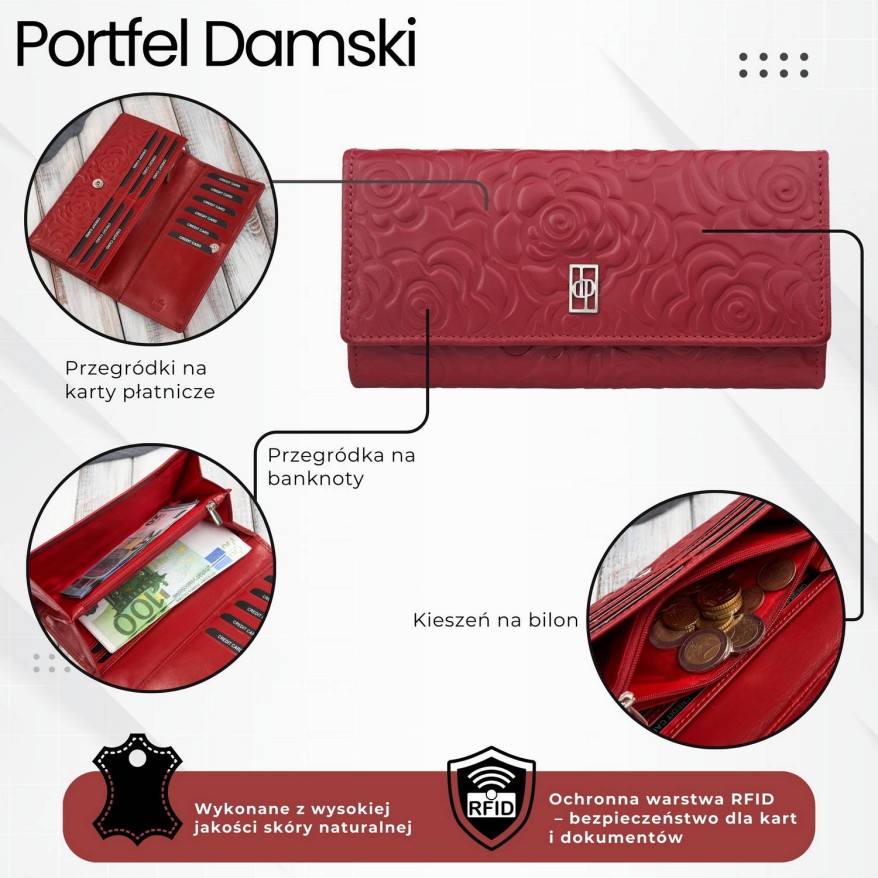Portfel damski skórzany z tłoczeniem w kwiaty czerwony z RFID Paolo Peruzzi AL-12-RD