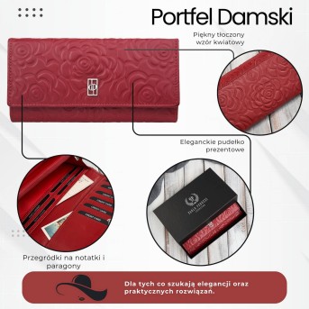 Portfel damski skórzany z tłoczeniem w kwiaty czerwony z RFID Paolo Peruzzi AL-12-RD