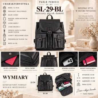 Plecak damski skórzany czarny Paolo Peruzzi SL-29-BL