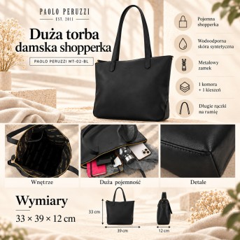 Duża Czarna Torba Shopperka na Ramię Paolo Peruzzi MT-02-BL