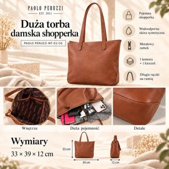 Duża koniakowa torba damska shopperka Paolo Peruzzi MT-02-CG