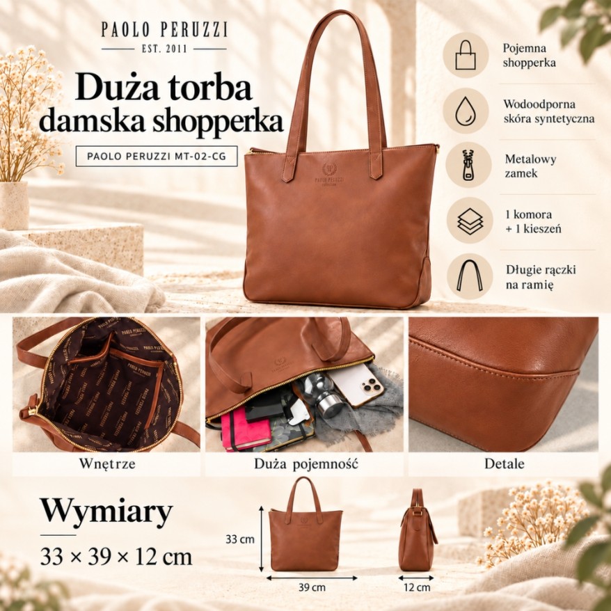 Duża koniakowa torba damska shopperka Paolo Peruzzi MT-02-CG