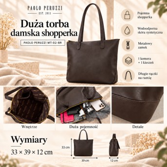 Duża brązowa torba damska na ramię shopperka Paolo Peruzzi MT-02-BR