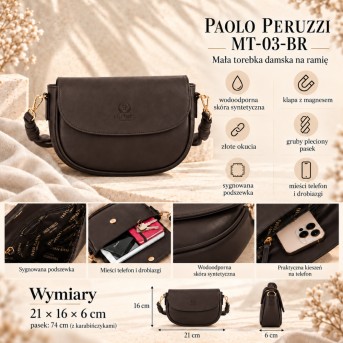 Elegancka Brązowa Mała Torebka na Ramię z Plecionym Paskiem | Paolo Peruzzi