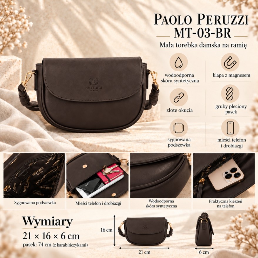 Elegancka Brązowa Mała Torebka na Ramię z Plecionym Paskiem | Paolo Peruzzi