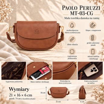 Elegancka Koniakowa Mała Torebka na Ramię z Plecionym Paskiem | Paolo Peruzzi