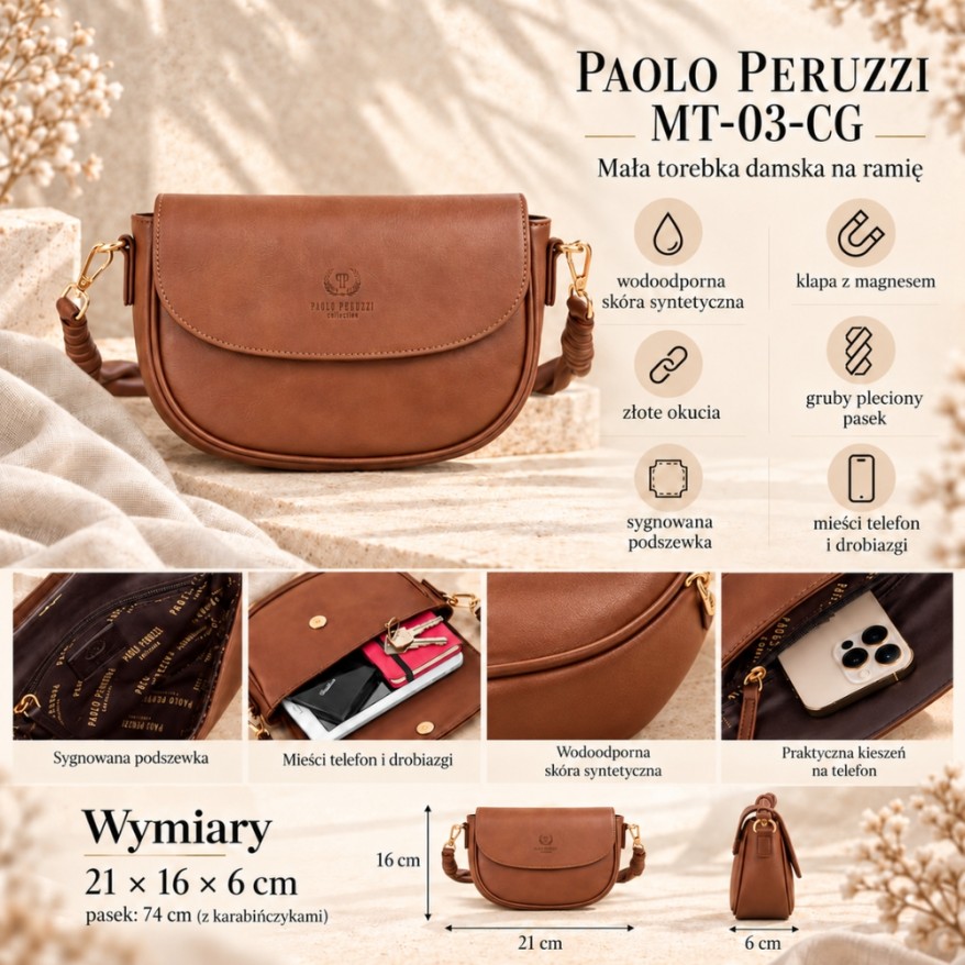 Elegancka Koniakowa Mała Torebka na Ramię z Plecionym Paskiem | Paolo Peruzzi