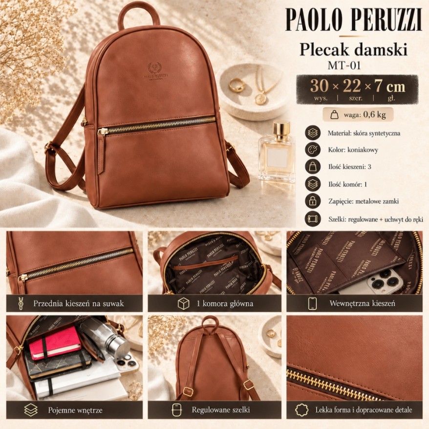 Plecak damski koniakowy wodoodporny Paolo Peruzzi MT-01-CG