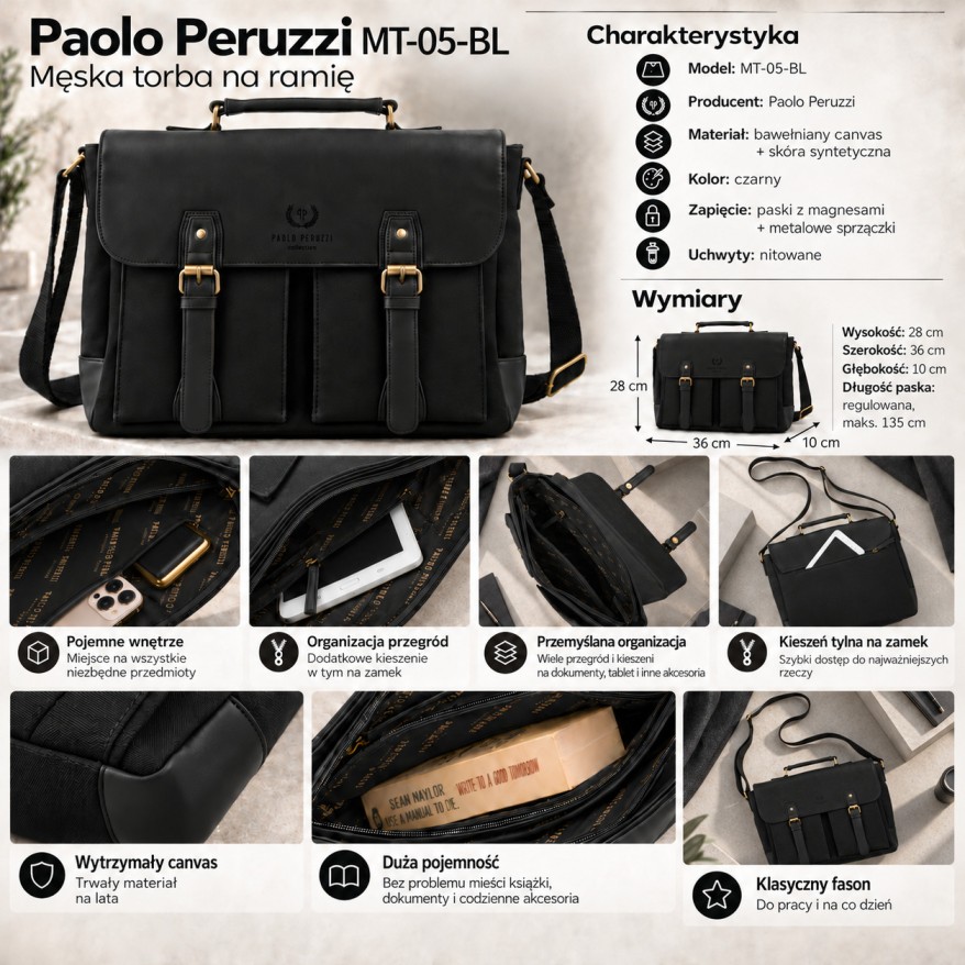 Torba męska czarna na ramię canvas Paolo Peruzzi MT-05-BL