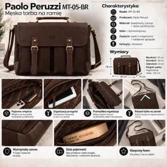 Torba męska brązowa canvas vintage Paolo Peruzzi MT-05-BR