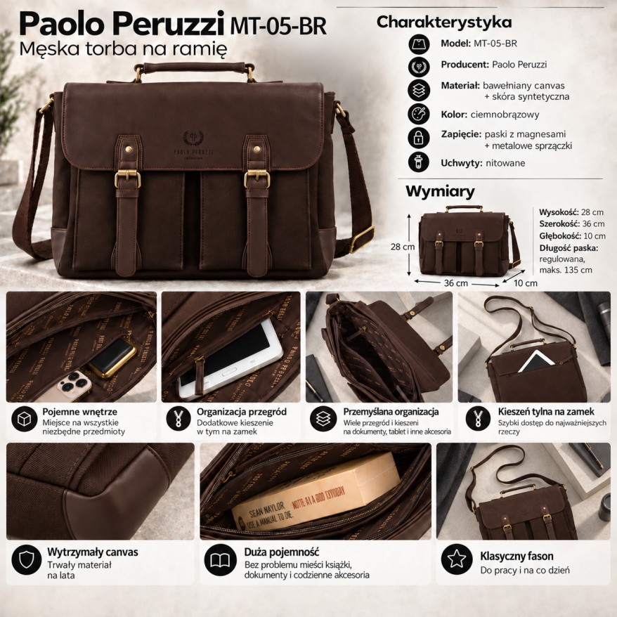 Torba męska brązowa canvas vintage Paolo Peruzzi MT-05-BR